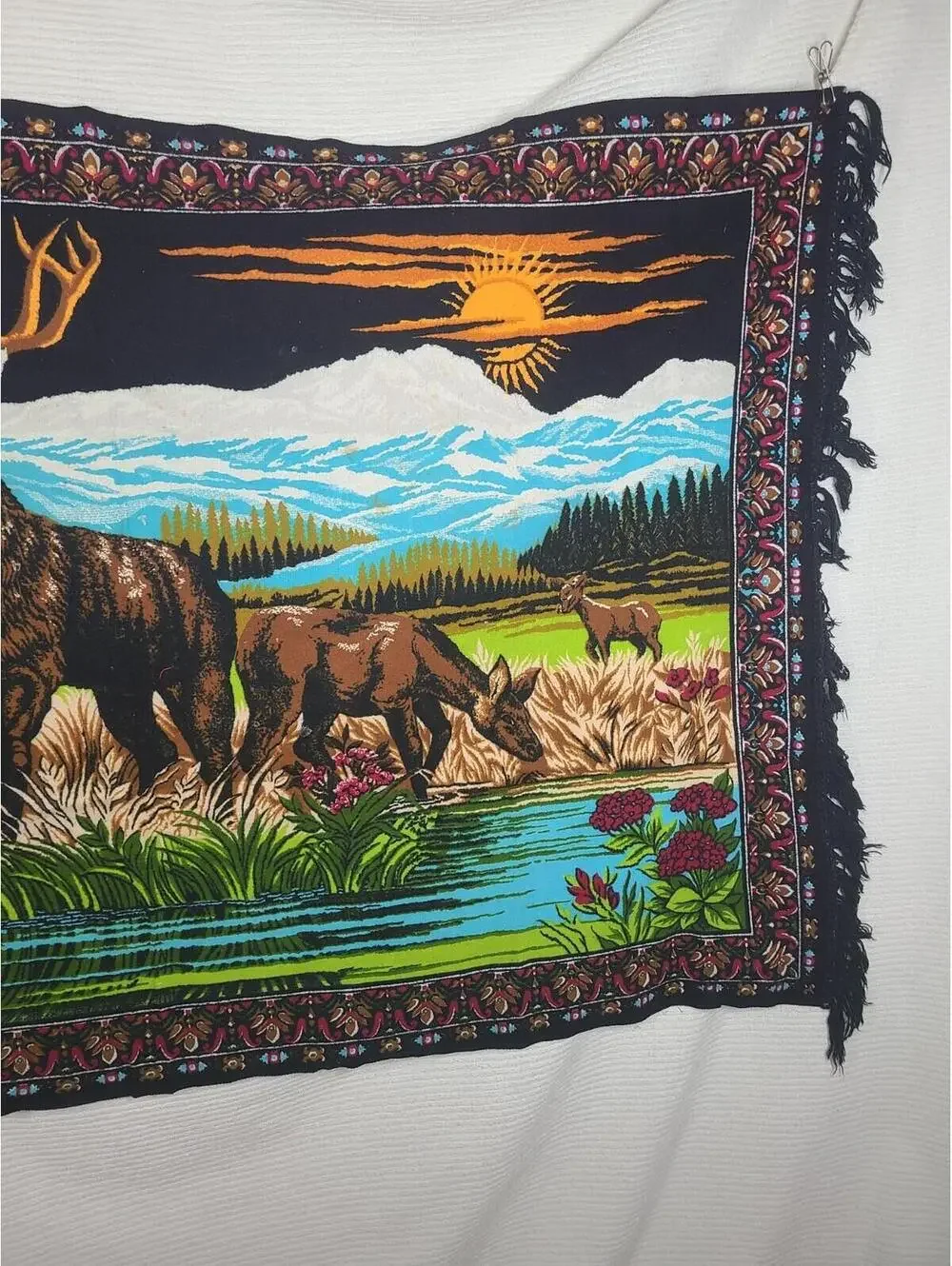 Vtg Velvet Tapestry Nature Deer Buck Scene Cotton Wall Art 39x58” Retro Home Dec